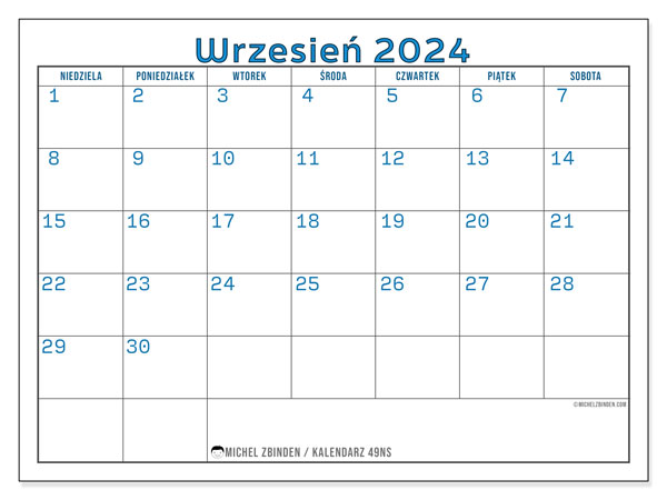 Kalendarz wrzesień 2024 “49”. Darmowy dziennik do druku.. Od niedzieli do soboty