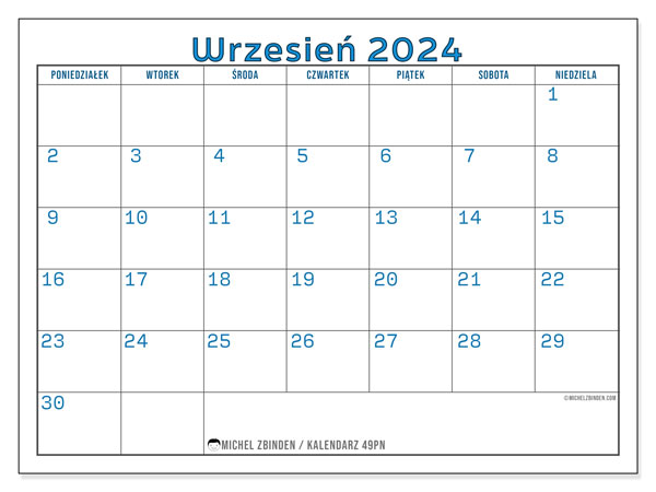 Kalendarz wrzesień 2024 “49”. Darmowy dziennik do druku.. Od poniedziałku do niedzieli