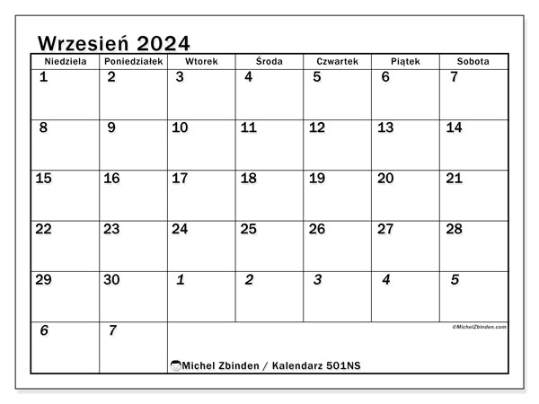 Kalendarz wrzesień 2024 “501”. Darmowy plan do druku.. Od niedzieli do soboty