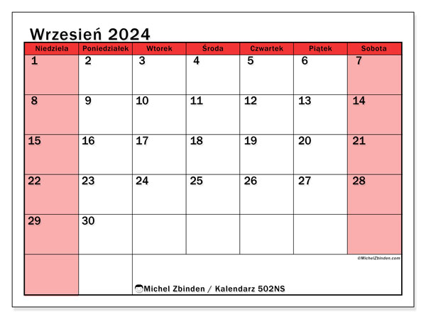 Kalendarz wrzesień 2024 “502”. Darmowy plan do druku.. Od niedzieli do soboty
