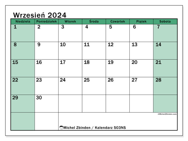 Kalendarz wrzesień 2024 “503”. Darmowy plan do druku.. Od niedzieli do soboty