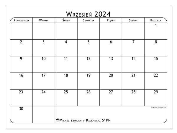 Kalendarz wrzesień 2024 “51”. Darmowy kalendarz do druku.. Od poniedziałku do niedzieli