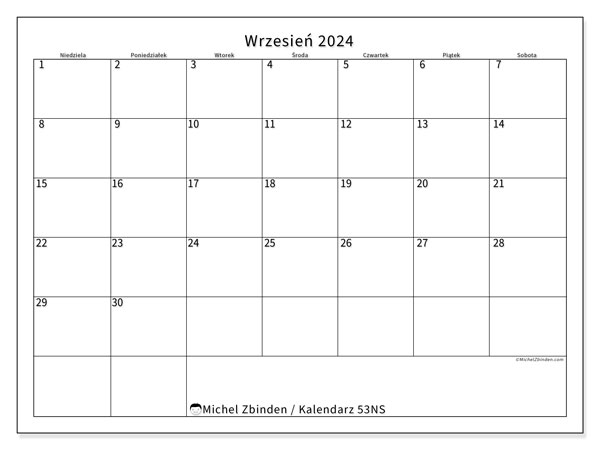 Kalendarz wrzesień 2024 “53”. Darmowy plan do druku.. Od niedzieli do soboty