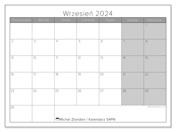 Kalendarz wrzesień 2024 “54”. Darmowy dziennik do druku.. Od poniedziałku do niedzieli