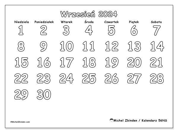 Kalendarz wrzesień 2024 “56”. Darmowy kalendarz do druku.. Od niedzieli do soboty