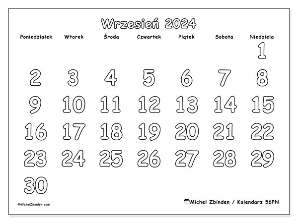 Kalendarz wrzesień 2024 “56”. Darmowy kalendarz do druku.. Od poniedziałku do niedzieli