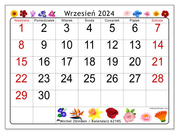 Kalendarz wrzesień 2024 “621”. Darmowy program do druku.. Od niedzieli do soboty