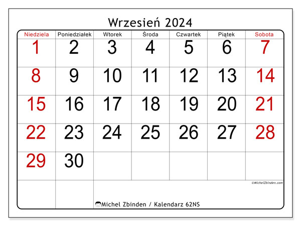 Kalendarz wrzesień 2024 “62”. Darmowy dziennik do druku.. Od niedzieli do soboty