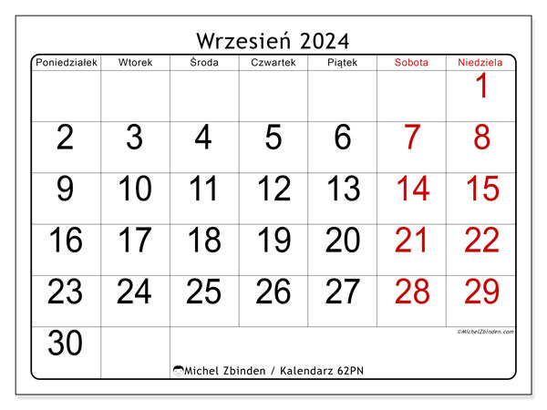 Kalendarz wrzesień 2024 “62”. Darmowy dziennik do druku.. Od poniedziałku do niedzieli