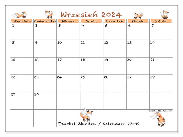 Kalendarz wrzesień 2024 “771”. Darmowy plan do druku.. Od niedzieli do soboty