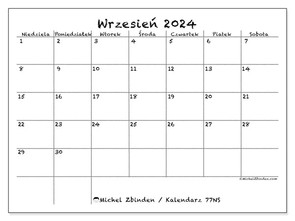 Kalendarz wrzesień 2024 “77”. Darmowy kalendarz do druku.. Od niedzieli do soboty