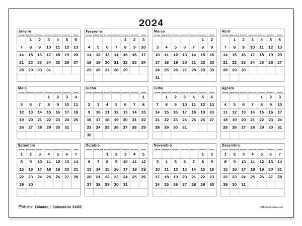 Calendário 2024 “34”. Programa gratuito para impressão.. Domingo a Sábado