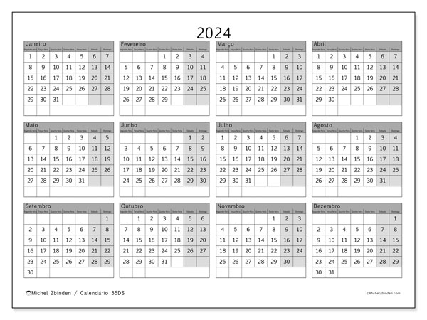 Calendário 2024 “35”. Calendário gratuito para imprimir.. Segunda a domingo