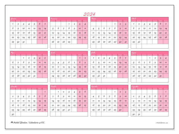 Calendário anual 2024, 41SD. Mapa gratuito para impressão.