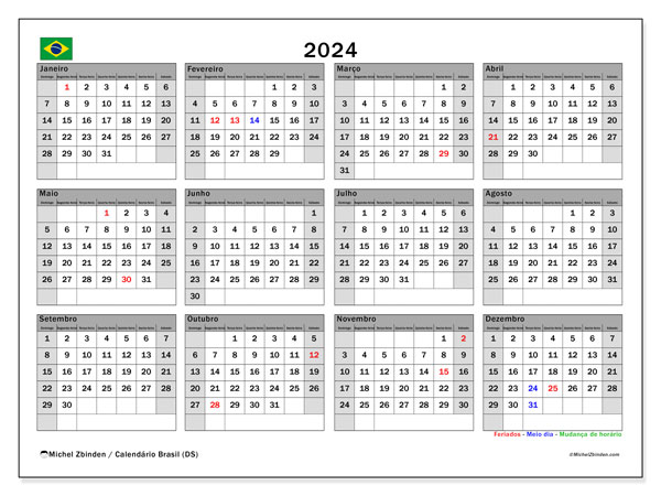 Calendario 2024, Brasil (PT). Horario para imprimir gratis.
