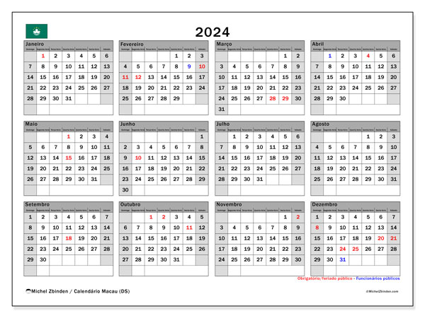 Calendário para imprimir, 2024, Macau (DS)