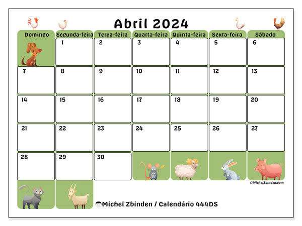 444DS, calendário de abril de 2024, para impressão, grátis.