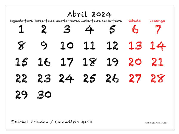 46SD, Abril de 2024 calendário, para impressão, grátis.
