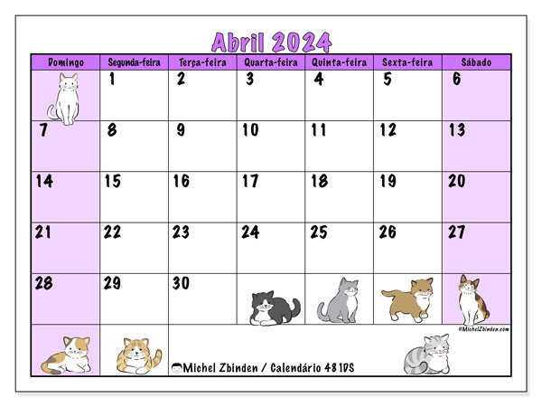 Calendário Abril 2024 “481”. Calendário gratuito para imprimir.. Domingo a Sábado