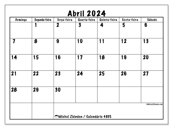 Calendário Abril 2024, 48DS. Horário gratuito para impressão.