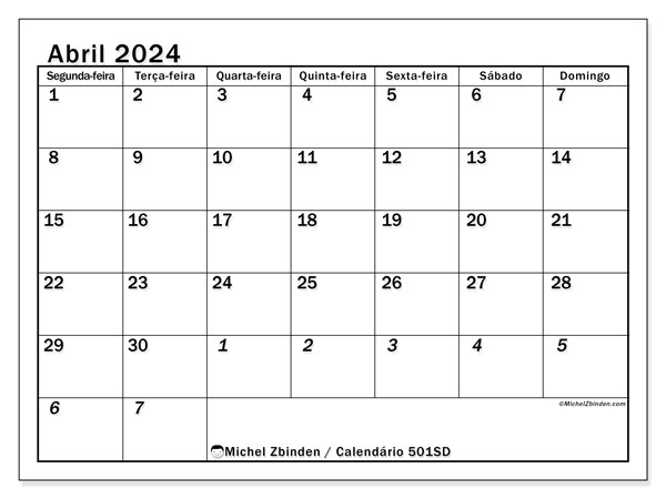 Calendário Abril 2024, 501SD. Jornal gratuito para impressão.