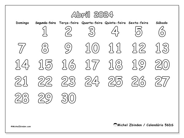 56DS, calendário de abril de 2024, para impressão, grátis.