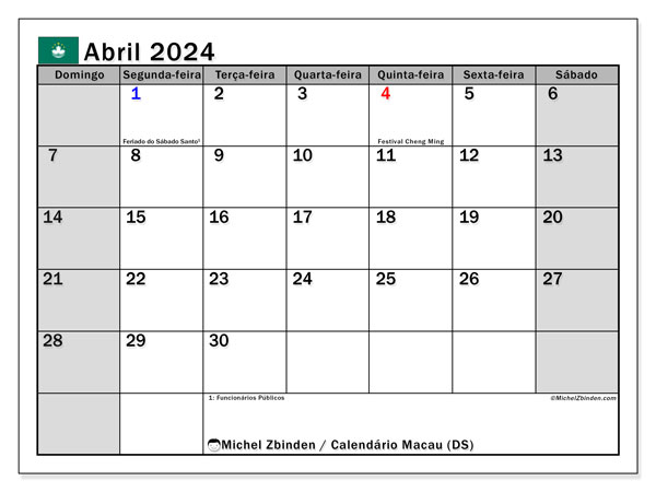 Calendário para imprimir, Abril 2024, Macau (DS)