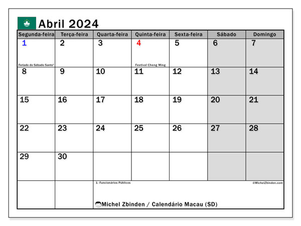 Kalender april 2024, Macao (PT). Gratis plan til print.