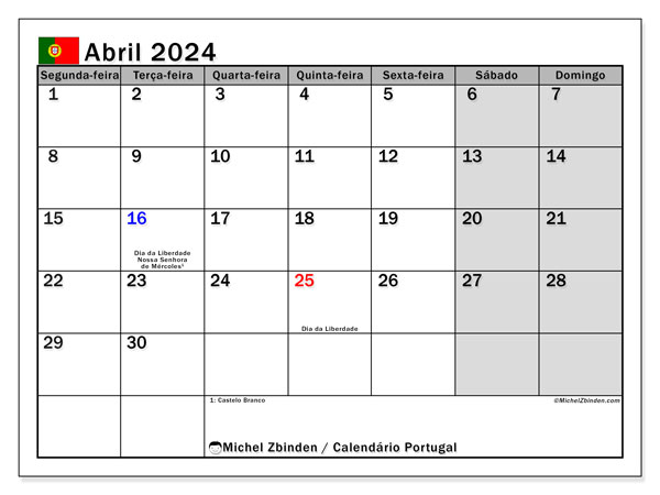 Portugal, Abril de 2024 calendário, para impressão, grátis.