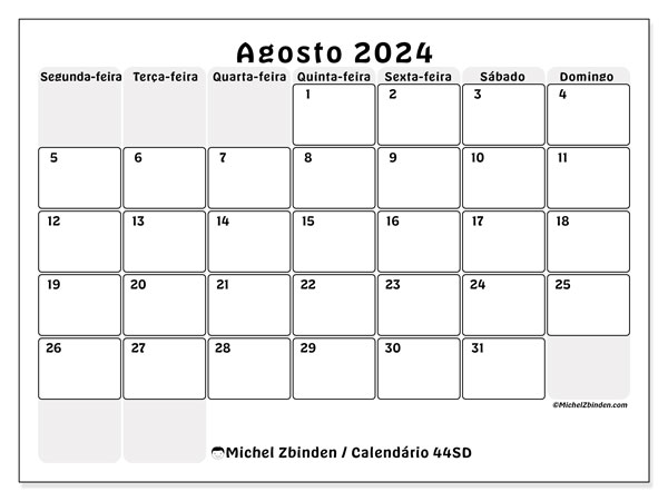 Calendário Agosto 2024 “44”. Programa gratuito para impressão.. Segunda a domingo