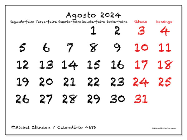 Calendário Agosto 2024, 46DS. Programa gratuito para impressão.