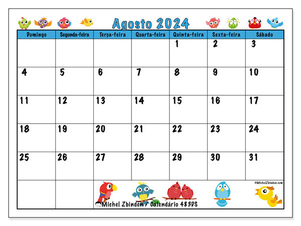 Calendário Agosto 2024 “483”. Programa gratuito para impressão.. Domingo a Sábado