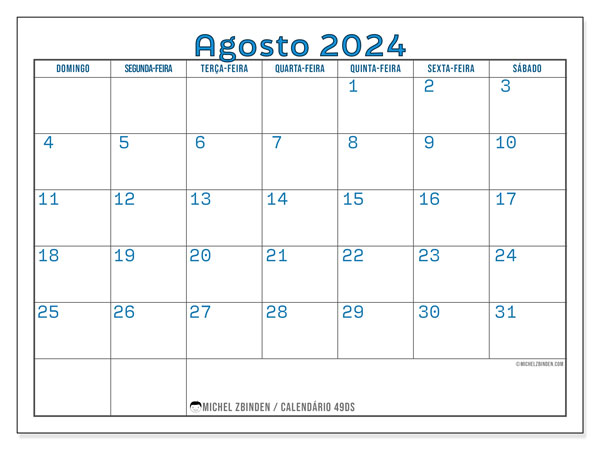 Calendário Agosto 2024 “49”. Horário gratuito para impressão.. Domingo a Sábado