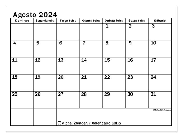 50DS, calendário de agosto de 2024, para impressão, grátis.