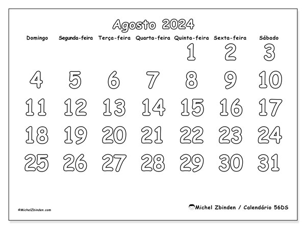 Calendário Agosto 2024 “56”. Calendário gratuito para imprimir.. Domingo a Sábado