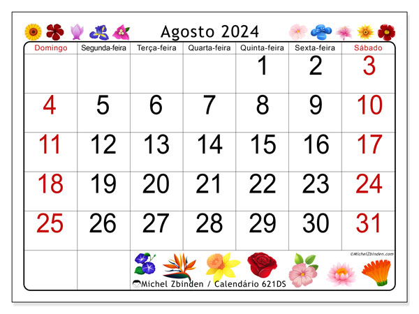 Calendário Agosto 2024 “621”. Horário gratuito para impressão.. Domingo a Sábado