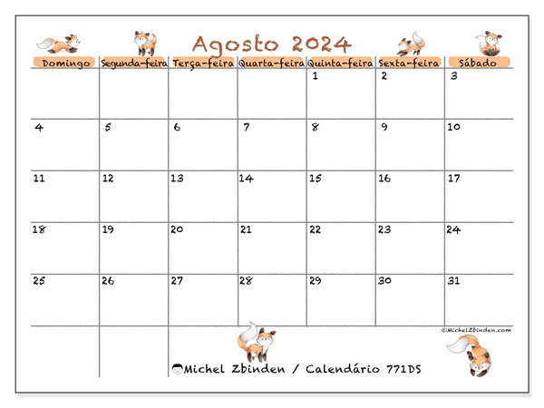 Calendário Agosto 2024 “771”. Programa gratuito para impressão.. Domingo a Sábado