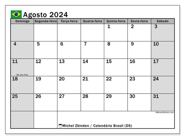Calendário Agosto 2024 “Brasil”. Programa gratuito para impressão.. Domingo a Sábado