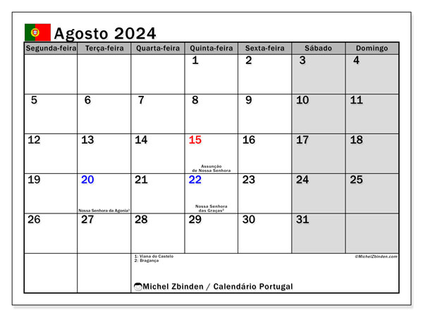 Kalendarz sierpień 2024 “Portugalia”. Darmowy plan do druku.. Od poniedziałku do niedzieli