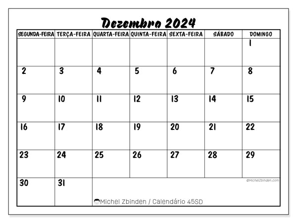 45SD, Dezembro de 2024 calendário, para impressão, grátis.