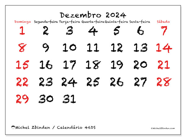 46DS, calendário de dezembro de 2024, para impressão, grátis.