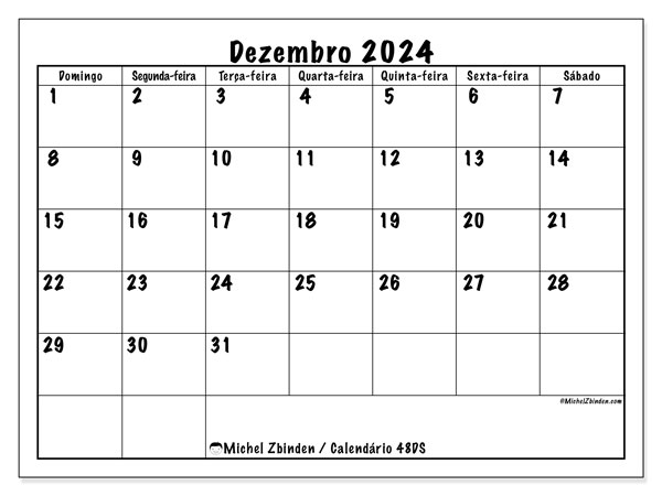 48DS, calendário de dezembro de 2024, para impressão, grátis.