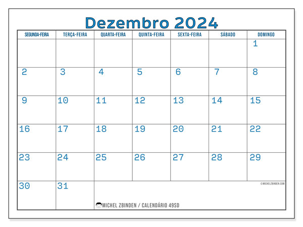 49SD, Dezembro de 2024 calendário, para impressão, grátis.