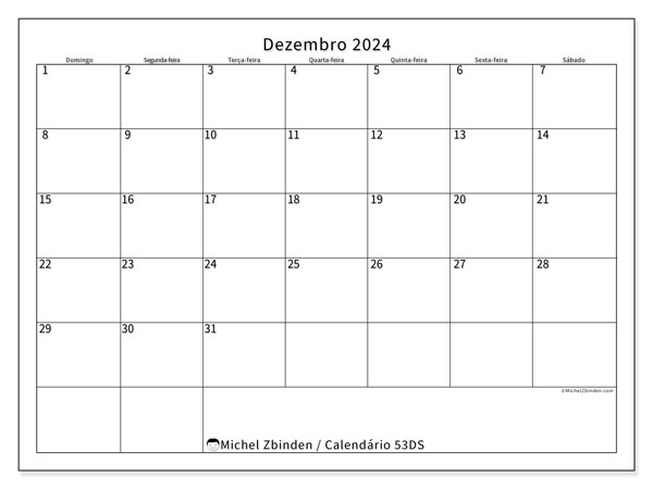53DS, calendário de dezembro de 2024, para impressão, grátis.