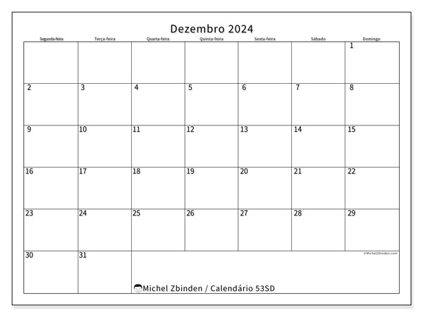 53SD, Dezembro de 2024 calendário, para impressão, grátis.