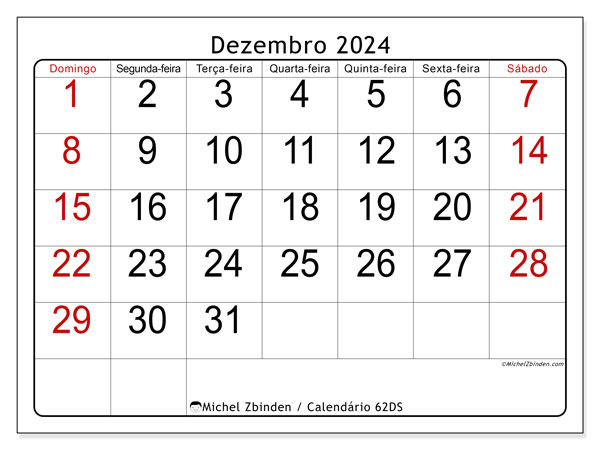 62DS, calendário de dezembro de 2024, para impressão, grátis.