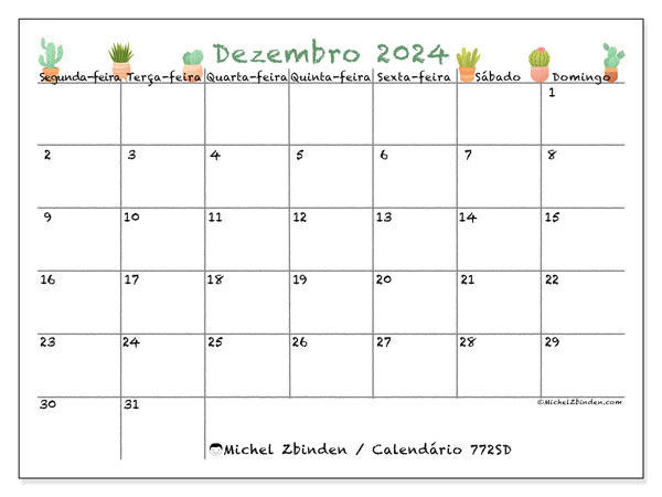 Calendário para imprimir, Dezembro 2024, 772SD