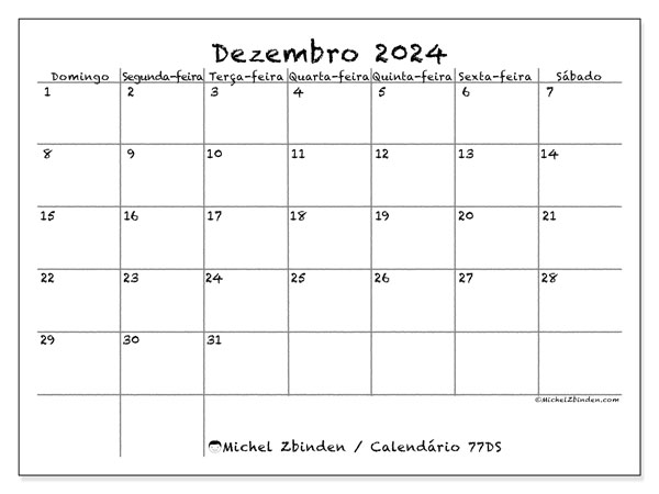 77DS, calendário de dezembro de 2024, para impressão, grátis.