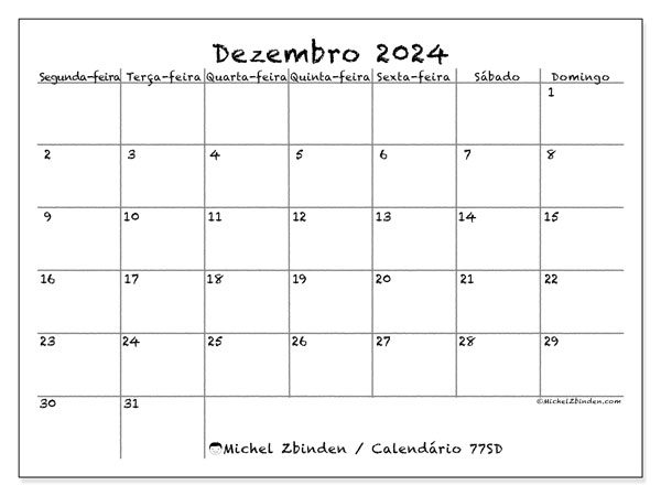 Calendário para imprimir, Dezembro 2024, 77SD