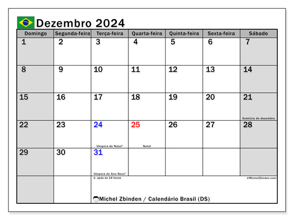 Calendario dicembre 2024 “Brasile”. Programma da stampare gratuito.. Da domenica a sabato